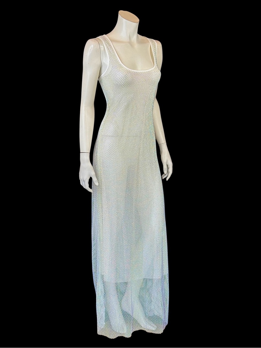 Y2K White Rhinestone Mesh Net Sheer Dress | Fairycore Rave | M - Picture 7 of 16